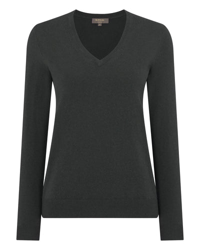 N.Peal Women's Phoebe V Neck Cashmere Jumper Anthracite Grey