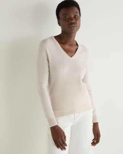 N.Peal Women's Phoebe V Neck Cashmere Jumper Frost White