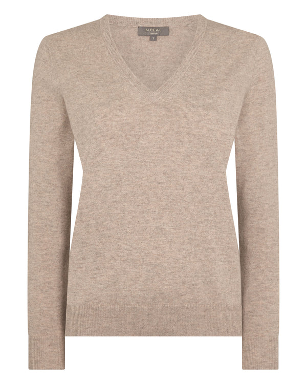 N.Peal Women's Phoebe V Neck Cashmere Jumper Oatmeal Brown