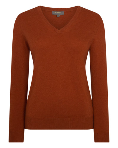 N.Peal Women's Phoebe V Neck Cashmere Jumper Rust Orange