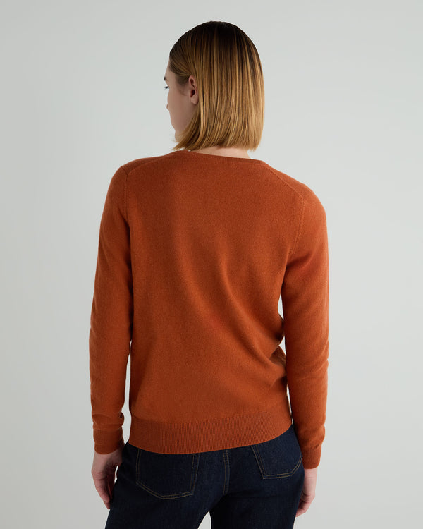 N.Peal Women's Olivia Round Neck Cashmere Cardigan Rust Orange