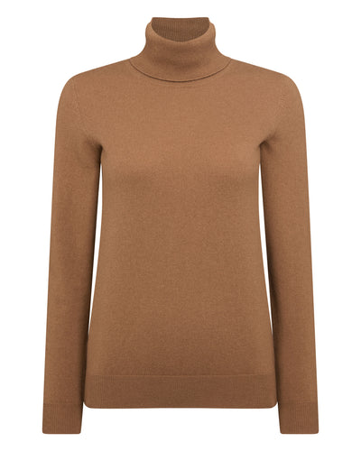 N.Peal Women's Luna Roll Neck Cashmere Jumper Dark Camel Brown