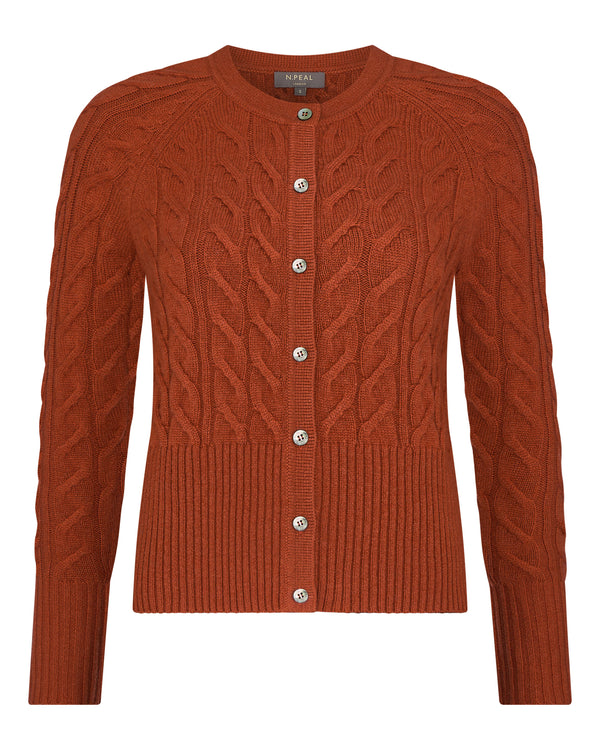 N.Peal Women's Myla Cable Cashmere Cardigan Rust Orange