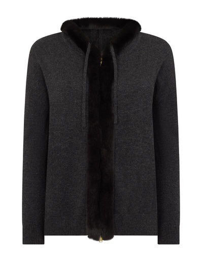 N.Peal Women's Alicia Fur Trim Cashmere Hoodie Dark Charcoal Grey