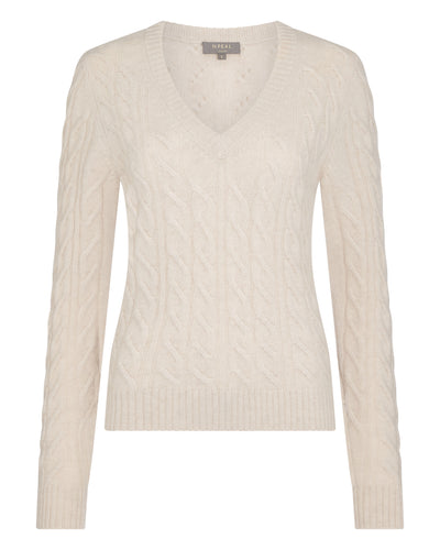 N.Peal Women's Frankie Cable V Neck Cashmere Jumper Ecru White