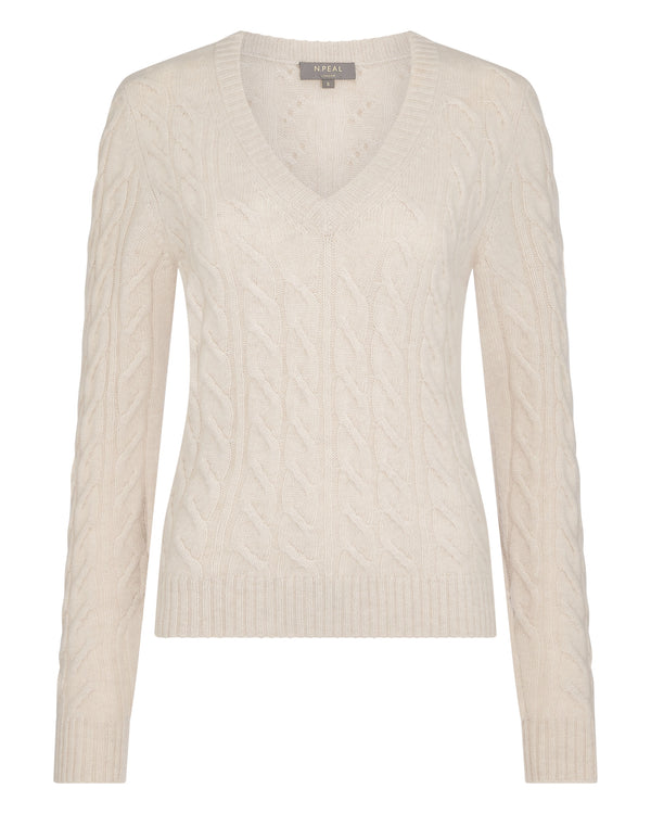 N.Peal Women's Frankie Cable V Neck Cashmere Jumper Ecru White