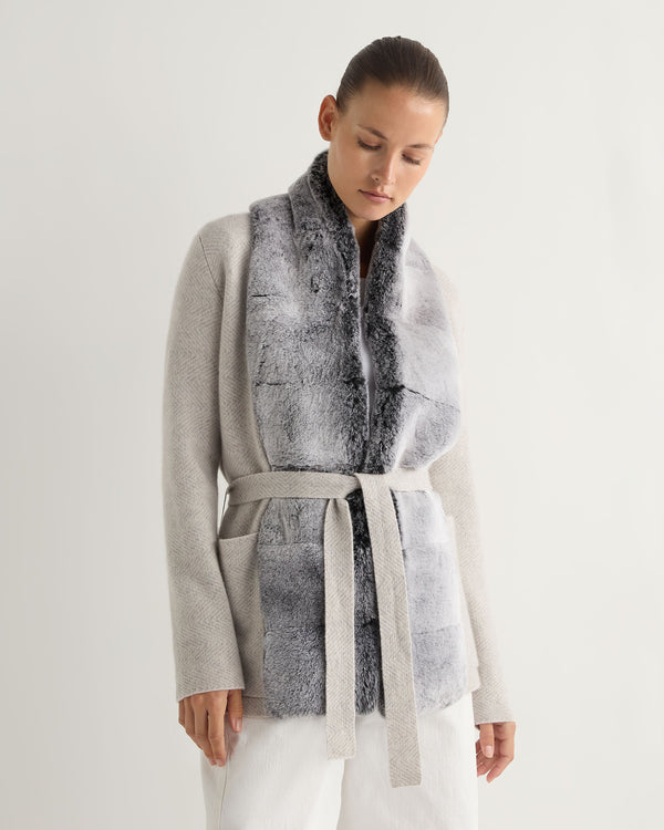 N.Peal Women's Ruby Herringbone Fur Cardigan Frost White