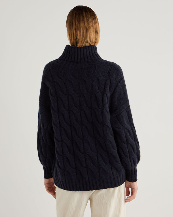 N.Peal Women's Hana Chunky Cable Roll Neck Cashmere Jumper Navy Blue