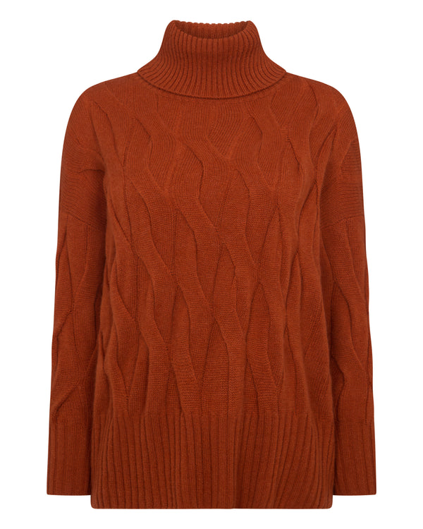 N.Peal Women's Emmie Relaxed Cable Roll Neck Cashmere Jumper Rust Orange