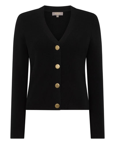 N.Peal Women's Rib V Neck Cashmere Cardigan Black