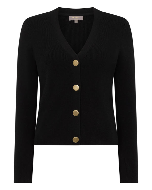 N.Peal Women's Rib V Neck Cashmere Cardigan Black