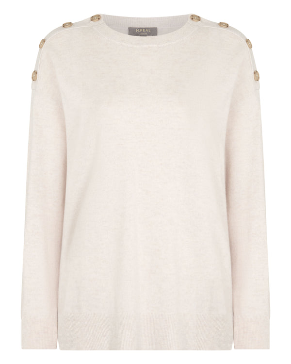 N.Peal Women's Button Shoulder Cashmere Jumper Frost White