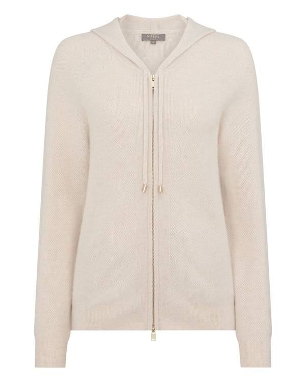 N.Peal Women's Honeycomb Knit Cashmere Hoodie Ecru White