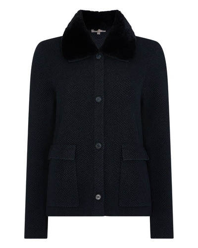 N.Peal Women's Herringbone Cashmere Jacket with Fur Trim Navy Blue