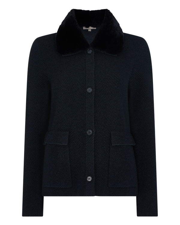 N.Peal Women's Herringbone Cashmere Jacket with Fur Trim Navy Blue