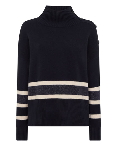 N.Peal Women's Stripe Mock Neck Cashmere Jumper With Lurex Navy Blue