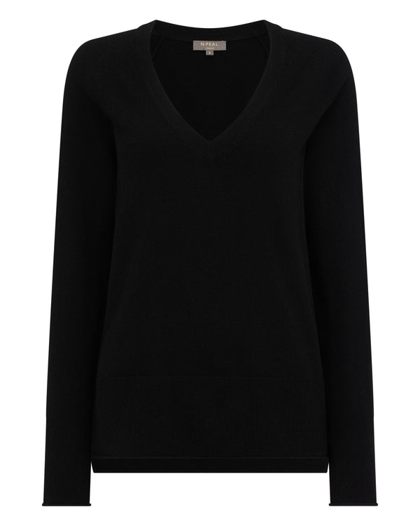 N.Peal Women's Relaxed V Neck Cashmere Jumper Black