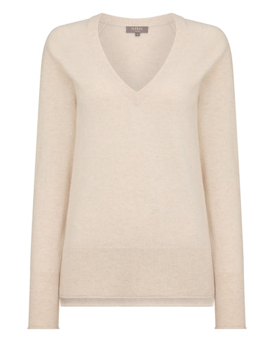 N.Peal Women's Relaxed V Neck Cashmere Jumper Ecru White