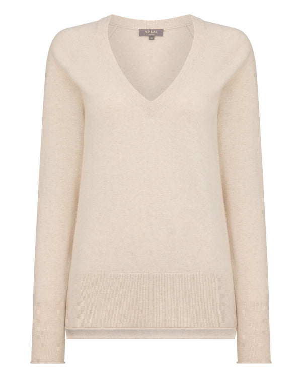 N.Peal Women's Relaxed V Neck Cashmere Jumper Ecru White