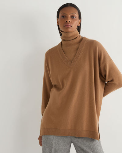 N.Peal Women's Longline V Neck Cashmere Jumper Dark Camel Brown