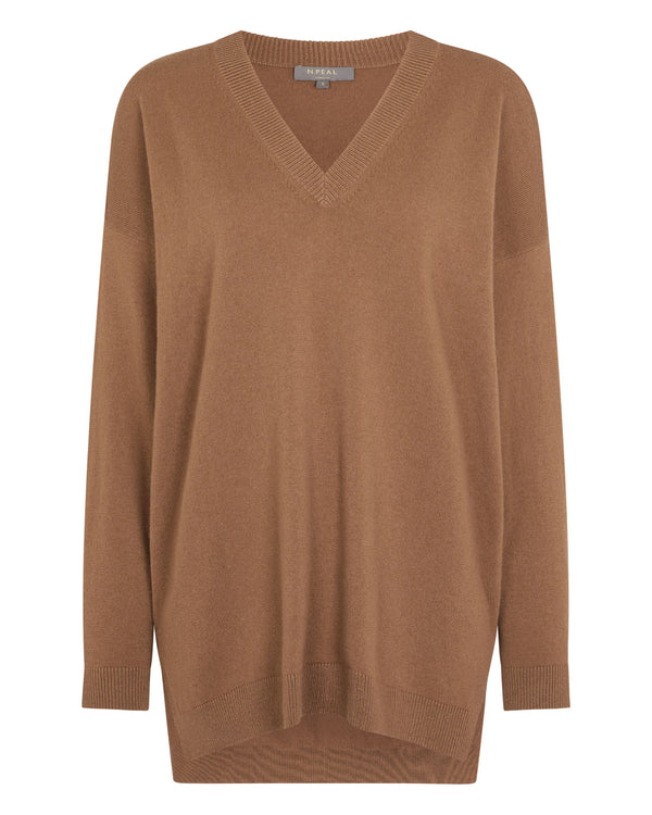 N.Peal Women's Longline V Neck Cashmere Jumper Dark Camel Brown