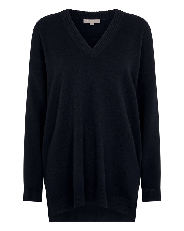 N.Peal Women's Longline V Neck Cashmere Jumper Navy Blue