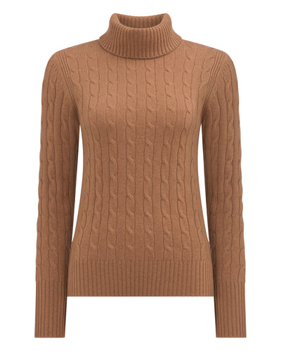 N.Peal Women's Adelyn Cable Roll Cashmere Jumper Dark Camel Brown