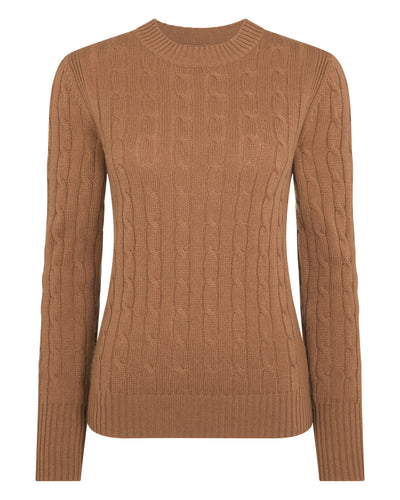 N.Peal Women's Adelyn Cable Round Neck Cashmere Jumper Dark Camel Brown