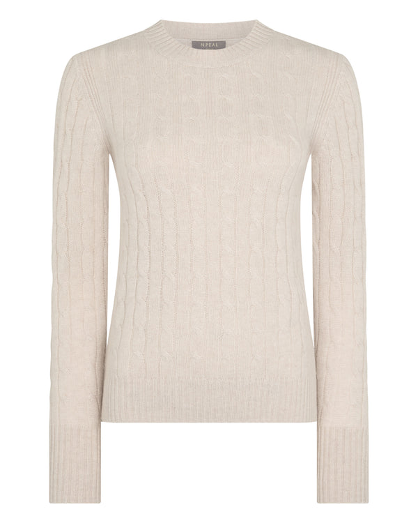 N.Peal Women's Adelyn Cable Round Neck Cashmere Jumper Ecru White