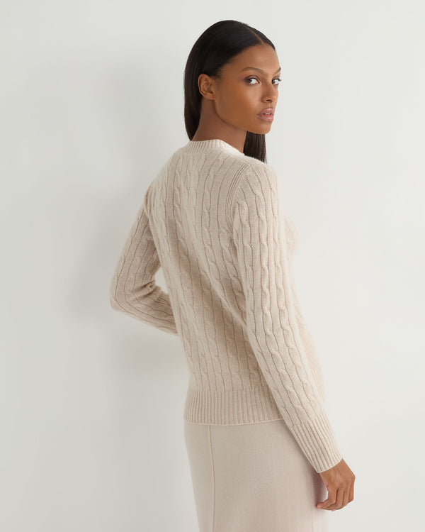 N.Peal Women's Adelyn Cable Round Neck Cashmere Jumper Ecru White