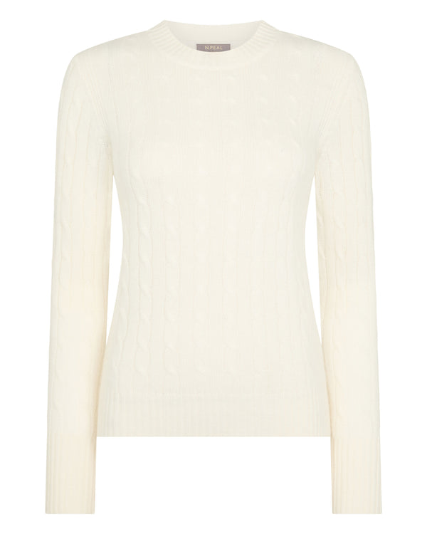 N.Peal Women's Adelyn Cable Round Neck Cashmere Jumper New Ivory White