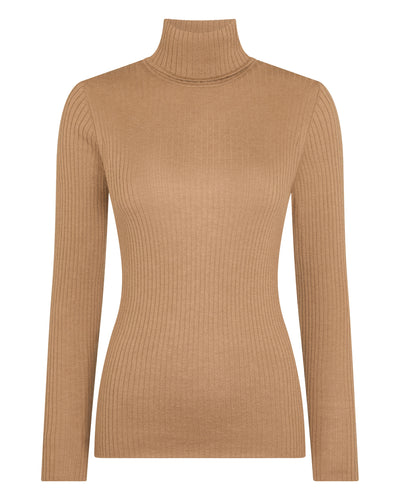 N.Peal Women's Superfine Cashmere Ribbed Roll Neck Jumper Dark Camel Brown