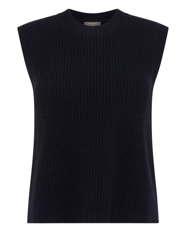 N.Peal Women's Rib Round Neck Cashmere Tank Top Navy Blue