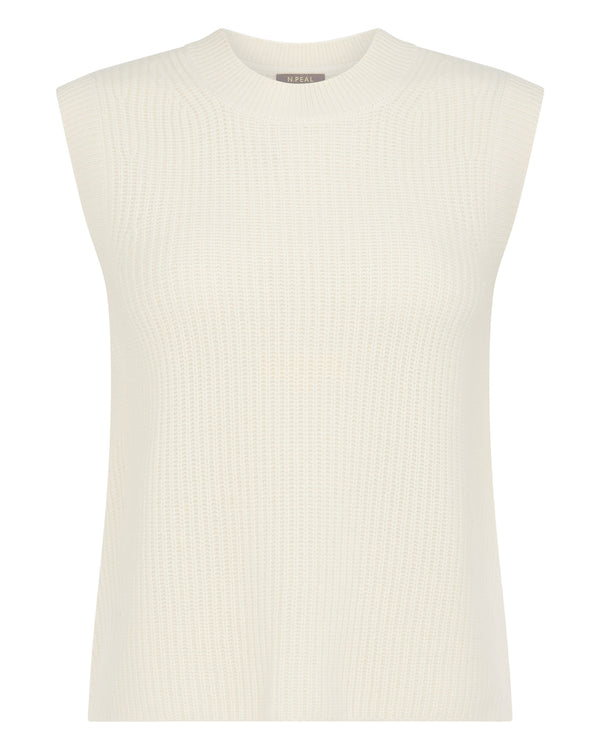 N.Peal Women's Rib Round Neck Cashmere Tank Top New Ivory White