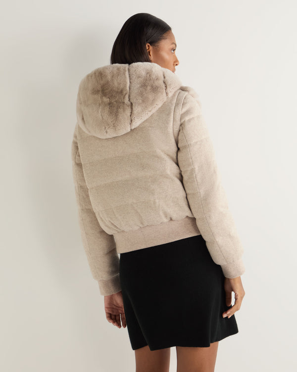 N.Peal Women's Eva Birdseye Fur Hooded Jacket Ecru White