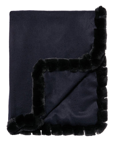 N.Peal Women's Meribel Woven Fur Trim Cashmere Shawl Navy Blue