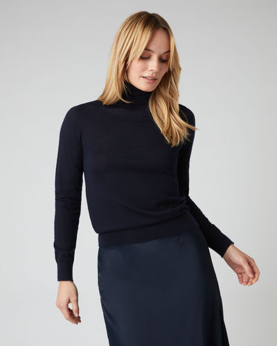 N.Peal Women's Margot Superfine Cashmere Roll Neck Jumper Navy Blue