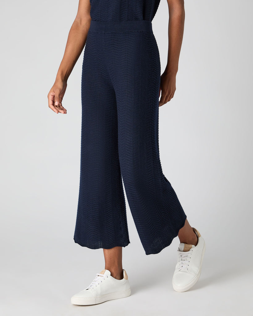 Women's Wave Stitch Cashmere Silk Trouser Navy Blue | N.Peal