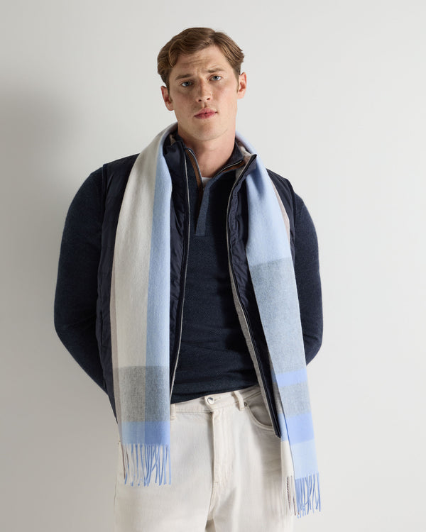 N.Peal Unisex Cashmere Check Scarf Blue + Grey