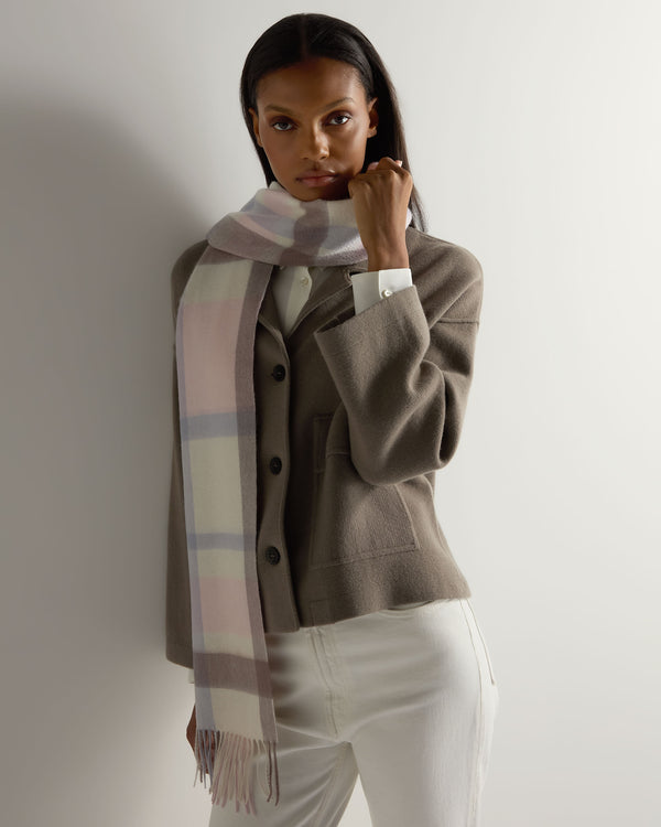 N.Peal Unisex Cashmere Check Scarf Oatmeal + Grey Check