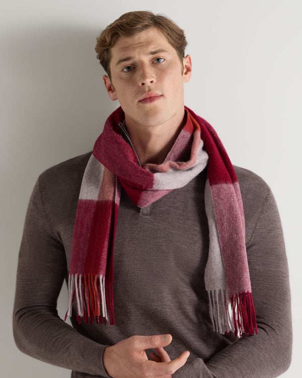 N.Peal Unisex Cashmere Check Scarf Red + Grey