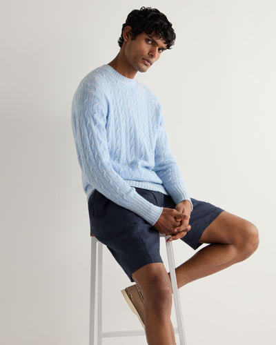 N.Peal Men's Thames Cable Round Neck Cashmere Jumper Cornflower Blue