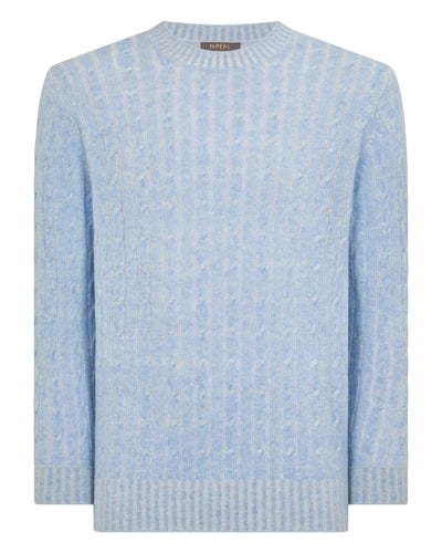 N.Peal Men's Thames Cable Round Neck Cashmere Jumper Cornflower Blue