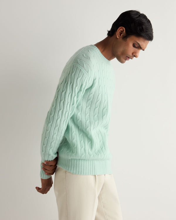 N.Peal Men's Thames Cable Round Neck Cashmere Jumper Dusty Teal Green