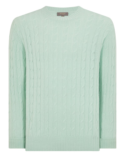 N.Peal Men's Thames Cable Round Neck Cashmere Jumper Dusty Teal Green