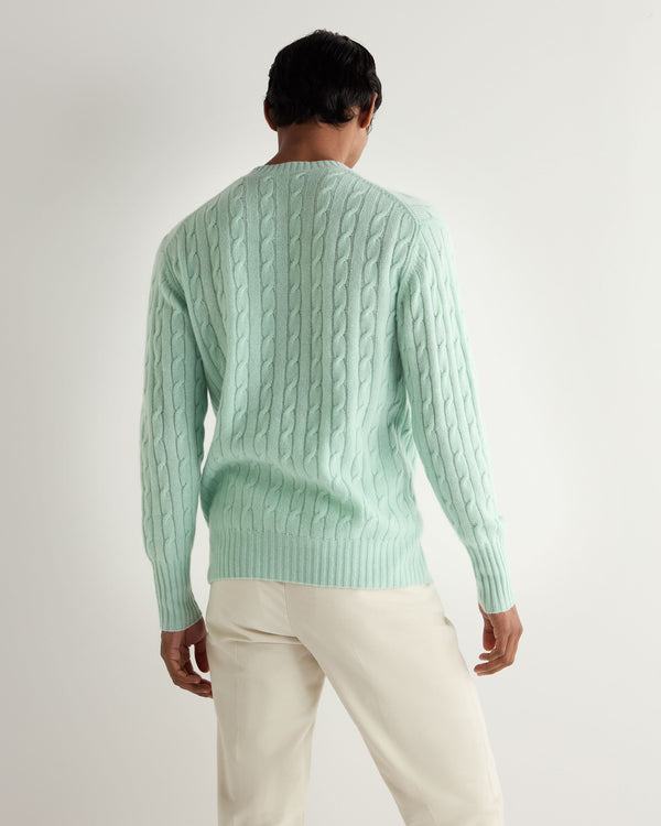 N.Peal Men's Thames Cable Round Neck Cashmere Jumper Dusty Teal Green