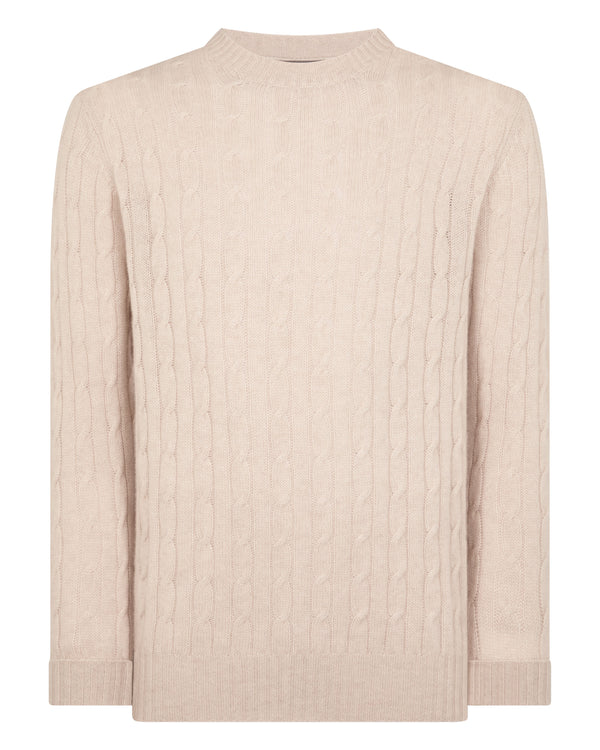 N.Peal Men's Thames Cable Round Neck Cashmere Jumper Ecru White