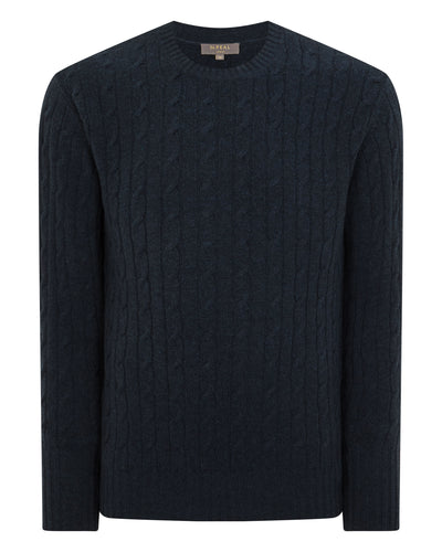 N.Peal Men's Thames Cable Round Neck Cashmere Jumper Indigo Blue