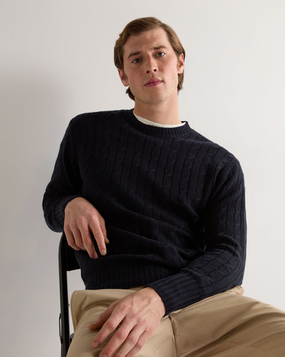 N.Peal Men's Thames Cable Round Neck Cashmere Jumper Navy Blue