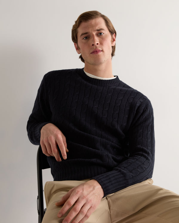 Men's Thames Cable Round Neck Cashmere Jumper Navy Blue